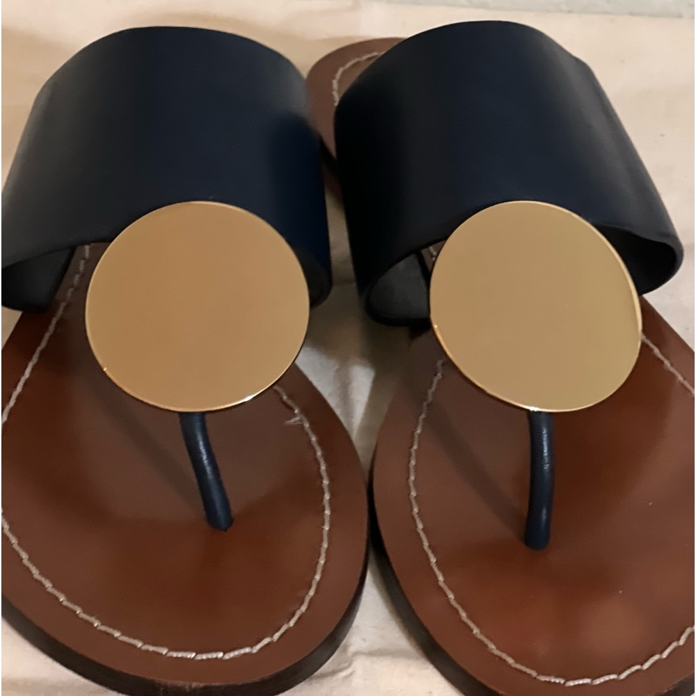 TORY BURCH Perfect Navy/Gold Patos Disk Sandal 7.5